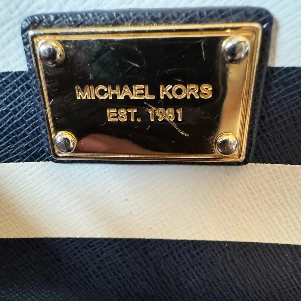 Michael Kors Blue/White Leather Striped Zip Around Wallet